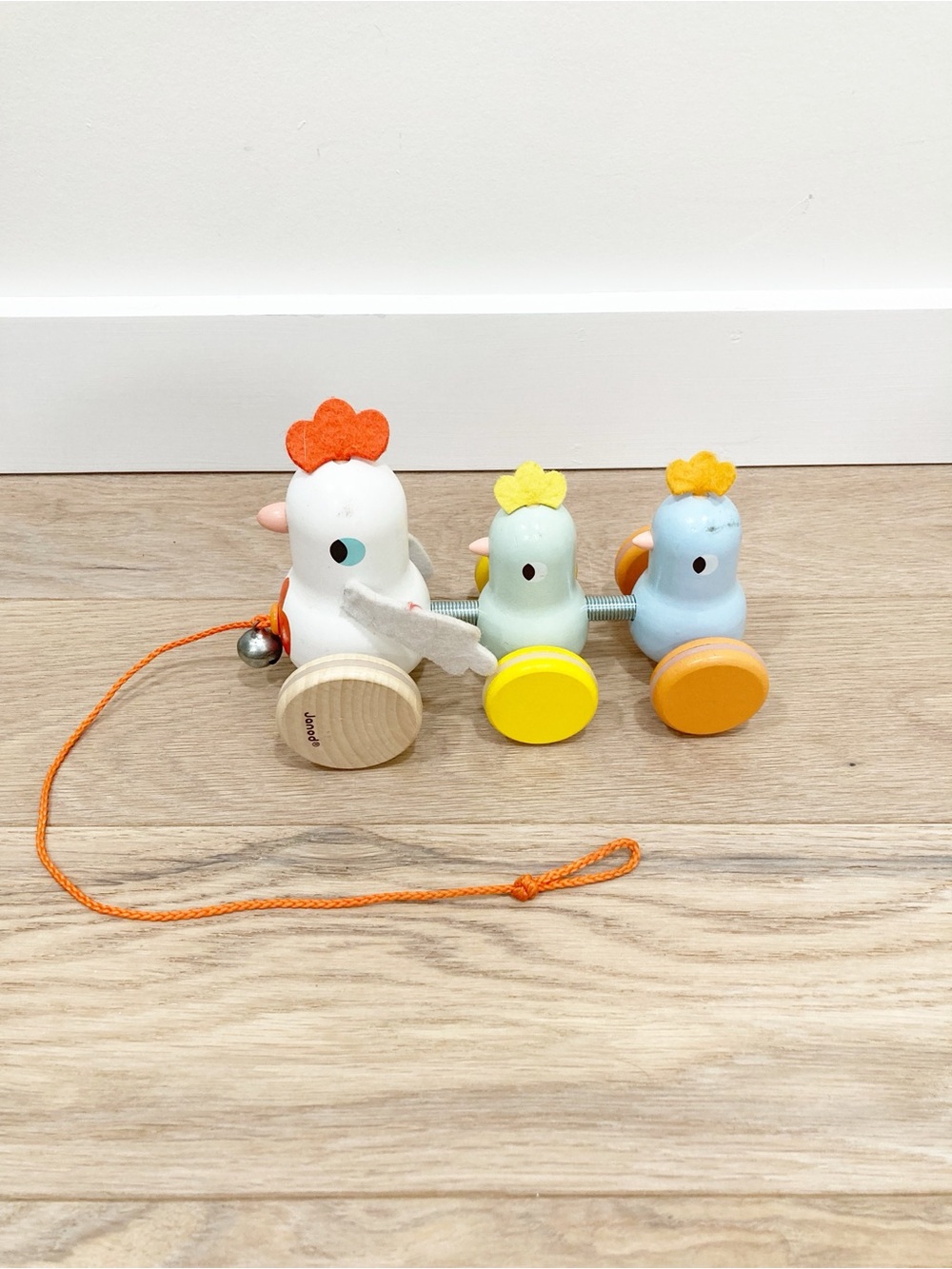 Wooden Pull-Along Chick Trio Toy - White, Mint & Light Blue